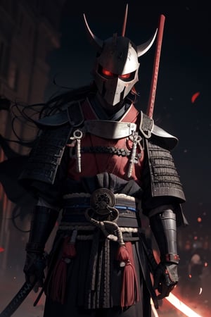 red night, 10th century, samurai with demon helmet, black sword,
