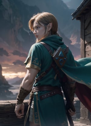 ((Masterpiece in maximum 4K resolution, with a style inspired by the epic universe of Zelda Tears of the Kingdom, fusing elements of adventure and fantasy.)) | In a magical kingdom shrouded in tears, the legendary hero, Link, takes the lead role. The scene unfolds with Link in the center, with his back to the viewer, looking at a horizon full of challenges and mysteries. His greenish cloak flutters gently in the wind, while the Triforce glows in his hand. | The composition highlights the immensity of the kingdom, with Link occupying the center of the image. The angle, subtly tilted, adds an aura of mystery and expectation to the scene. | Dramatic lighting highlights Link's profile and the surrounding landscape, creating a contrast between light and shadow that highlights the game's epic atmosphere. Effects such as motion blur and reflected light add dynamism to the image. | Link, the hero back in "Zelda Tears of the Kingdom", with his back to the viewer, facing a magical kingdom full of challenges and secrets. | {The camera is positioned very close to him, revealing his entire figure as he assumes a dynamic pose, interacting with and leaning against a structure in the scene in an exciting way.} | He takes a dynamic pose, boldly leaning on a structure, his cloak flowing in the wind, creating an engaging and mysterious atmosphere, | ((perfect_pose, perfect_anatomy, perfect_body)), ((perfect_finger, perfect_fingers, perfect_hand, perfect_hands, better_hands)), ((More Detail, ultra_detailed, Enhance)),realism
