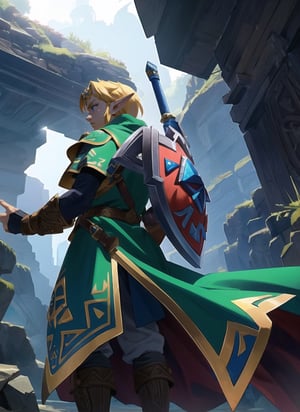 ((Masterpiece in maximum 4K resolution, with a style inspired by the epic universe of Zelda Tears of the Kingdom, fusing elements of adventure and fantasy.)) | In a magical kingdom shrouded in tears, the legendary hero, Link, takes the lead role. The scene unfolds with Link in the center, with his back to the viewer, looking at a horizon full of challenges and mysteries. His greenish cloak flutters gently in the wind, while the Triforce glows in his hand. | The composition highlights the immensity of the kingdom, with Link occupying the center of the image. The angle, subtly tilted, adds an aura of mystery and expectation to the scene. | Dramatic lighting highlights Link's profile and the surrounding landscape, creating a contrast between light and shadow that highlights the game's epic atmosphere. Effects such as motion blur and reflected light add dynamism to the image. | Link, the hero back in "Zelda Tears of the Kingdom", with his back to the viewer, facing a magical kingdom full of challenges and secrets. | {The camera is positioned very close to him, revealing his entire figure as he assumes a dynamic pose, interacting with and leaning against a structure in the scene in an exciting way.} | He takes a dynamic pose, boldly leaning on a structure, his cloak flowing in the wind, creating an engaging and mysterious atmosphere, | ((perfect_pose, perfect_anatomy, perfect_body)), ((perfect_finger, perfect_fingers, perfect_hand, perfect_hands, better_hands)), ((More Detail, ultra_detailed, Enhance)), ,n64style,