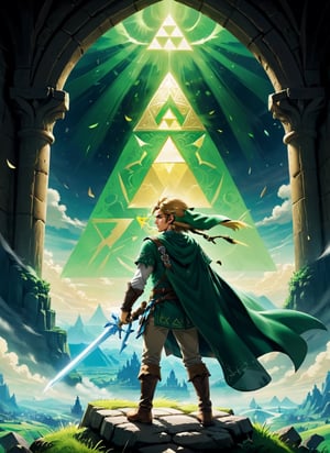 ((Masterpiece in maximum 4K resolution, with a style inspired by the epic universe of Zelda Tears of the Kingdom, fusing elements of adventure and fantasy.)) | In a magical kingdom shrouded in tears, the legendary hero, Link, takes the lead role. The scene unfolds with Link in the center, with his back to the viewer, looking at a horizon full of challenges and mysteries. His greenish cloak flutters gently in the wind, while the Triforce glows in his hand. | The composition highlights the immensity of the kingdom, with Link occupying the center of the image. The angle, subtly tilted, adds an aura of mystery and expectation to the scene. | Dramatic lighting highlights Link's profile and the surrounding landscape, creating a contrast between light and shadow that highlights the game's epic atmosphere. Effects such as motion blur and reflected light add dynamism to the image. | Link, the hero back in "Zelda Tears of the Kingdom", with his back to the viewer, facing a magical kingdom full of challenges and secrets. | {The camera is positioned very close to him, revealing his entire figure as he assumes a dynamic pose, interacting with and leaning against a structure in the scene in an exciting way.} | He takes a dynamic pose, boldly leaning on a structure, his cloak flowing in the wind, creating an engaging and mysterious atmosphere, | ((perfect_pose, perfect_anatomy, perfect_body)), ((perfect_finger, perfect_fingers, perfect_hand, perfect_hands, better_hands)), ((More Detail, ultra_detailed)), Enhanced All