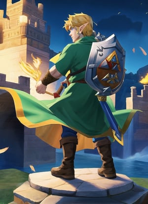 ((Masterpiece in maximum 4K resolution, with a style inspired by the epic universe of Zelda Tears of the Kingdom, fusing elements of adventure and fantasy.)) | In a magical kingdom shrouded in tears, the legendary hero, Link, takes the lead role. The scene unfolds with Link in the center, with his back to the viewer, looking at a horizon full of challenges and mysteries. His greenish cloak flutters gently in the wind, while the Triforce glows in his hand. | The composition highlights the immensity of the kingdom, with Link occupying the center of the image. The angle, subtly tilted, adds an aura of mystery and expectation to the scene. | Dramatic lighting highlights Link's profile and the surrounding landscape, creating a contrast between light and shadow that highlights the game's epic atmosphere. Effects such as motion blur and reflected light add dynamism to the image. | Link, the hero back in "Zelda Tears of the Kingdom", with his back to the viewer, facing a magical kingdom full of challenges and secrets. | {The camera is positioned very close to him, revealing his entire figure as he assumes a dynamic pose, interacting with and leaning against a structure in the scene in an exciting way.} | He takes a dynamic pose, boldly leaning on a structure, his cloak flowing in the wind, creating an engaging and mysterious atmosphere, | ((perfect_pose, perfect_anatomy, perfect_body)), ((perfect_finger, perfect_fingers, perfect_hand, perfect_hands, better_hands)), ((More Detail, ultra_detailed, Enhance)), ,n64style,
