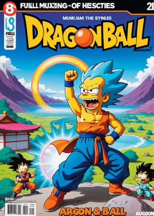 ((Masterpiece in maximum 8K resolution, with an art style inspired by Japanese animation and American cartooning, emphasizing a dynamic and colorful perspective)). | Dragon Ball anime magazine cover, with Homer Simpson wearing Goku's iconic costume and transformed into a Super Saiyan. His hair is blue and his aura is glowing with the same color, while he assumes a powerful and confident pose. Around him, Dragon Ball characters are in fighting poses, with epic scenery and special effects in the background. The scenery is a mix of iconic Dragon Ball settings, with rocky mountains, flying clouds and ancient structures. Homer is at the center of the scene, with characters and scenery surrounding him. Two-dimensional composition, with dynamic angles that capture the energy and emotion of the scene. Colorful and vibrant lighting, with special effects to represent the aura and power of Homer and the other characters. | Scene from an anime magazine cover, with Dragon Ball characters and Homer Simpson in a mix of cartoon and anime styles. | (((((full-body image))))), ((perfect pose, perfect anatomy, perfect body)), ((better hands, perfect fingers, perfect legs, perfect hands)), (((perfect composition, perfect design, perfect layout, correct imperfections))), ((Add more detail, More Detail, Enhance)).,Enhanced All