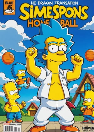 ((Masterpiece in maximum 16K resolution, with the anime style emphasizing a dynamic 3D perspective, combining the cartoon style of The Simpsons and the art style of Dragon Ball)). | Homer Simpson is featured on a Dragon Ball anime magazine cover, wearing Goku's iconic costume. He is transformed into a Super Saiyan, with blue hair and a bright blue aura around him. His face retains the classic Simpsons look, but with a determined and intense expression, as he assumes a powerful pose. The backdrop includes white clouds and a clear blue sky in the background, with rays of light coming out of Homer's aura. Three-dimensional composition with a foreground angle, highlighting Homer's transformation and pose. Cinematic lighting and elements such as sparkles, soft lighting, smoothness and particles add dynamism to the scene. The cover has the Dragon Ball anime logo changed to the text "Dragon_Homer". | Dragon Ball anime magazine cover with Homer Simpson transformed into Super Saiyan. The camera is positioned very close to him, revealing his entire body as he assumes a dynamic pose, interacting with and leaning against a structure in the scene in an exciting way. | (((He takes a dynamic pose as he interacts, boldly leaning on a structure, leaning back in an exciting way.))), (((((full-body image))))), ((perfect pose, perfect anatomy, perfect body)), ((better hands, perfect fingers, perfect legs, perfect hands)), (((perfect composition, perfect design, perfect layout, correct imperfections))), ((Add more detail, More Detail, Enhance)),Text, text "Dragon_Homer"