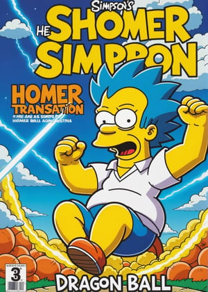 ((Masterpiece in maximum 16K resolution, with the anime style emphasizing a dynamic 3D perspective, combining the cartoon style of The Simpsons and the art style of Dragon Ball)). | Homer Simpson is featured on a Dragon Ball anime magazine cover, wearing Goku's iconic costume. He is transformed into a Super Saiyan, with blue hair and a bright blue aura around him. His face retains the classic Simpsons look, but with a determined and intense expression, as he assumes a powerful pose. The backdrop includes white clouds and a clear blue sky in the background, with rays of light coming out of Homer's aura. Three-dimensional composition with a foreground angle, highlighting Homer's transformation and pose. Cinematic lighting and elements such as sparkles, soft lighting, smoothness and particles add dynamism to the scene. The cover has the Dragon Ball anime logo changed to the text Dragon_Homer". | Dragon Ball anime magazine cover with Homer Simpson transformed into Super Saiyan. The camera is positioned very close to him, revealing his entire body as he assumes a dynamic pose, interacting with and leaning against a structure in the scene in an exciting way. | (((He takes a dynamic pose as he interacts, boldly leaning on a structure, leaning back in an exciting way.))), (((((full-body image))))), ((perfect pose, perfect anatomy, perfect body)), ((better hands, perfect fingers, perfect legs, perfect hands)), (((perfect composition, perfect design, perfect layout, correct imperfections))), ((Add more detail, More Detail, Enhance)),Text