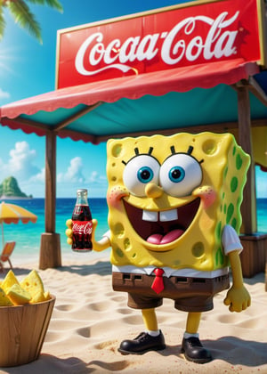 ((Masterpiece in maximum 16K resolution, with the cartoon style emphasizing a dynamic 3D perspective)). | SpongeBob SquarePants is featured in an animated scene at the Bikini Fair, holding a bottle of Coca-Cola. He is standing in front of a food stand, with a happy and relaxed expression on his face. | The setting includes the beach, ocean, and several food and game stands. The lighting is bright, with the sun shining in the sky. | Three-dimensional composition with viewing angle in the foreground, highlighting SpongeBob's pose and the lively atmosphere of the Bikini Fair. | With cinematic lighting and elements such as sparkles, soft lighting, softness and particles that add dynamism to the scene. | SpongeBob drinking a bottle of Coca-Cola at the Bikini Fair. | The camera is positioned very close to him, revealing his entire body as he assumes a dynamic pose, interacting with and leaning against a structure in the scene in an exciting way. | (((He takes a dynamic pose as he interacts, boldly leaning on a structure, leaning back in an exciting way.))), (((((full-body image))))), ((perfect pose, perfect anatomy, perfect body)), ((better hands, perfect fingers, perfect legs, perfect hands)), (((perfect composition, perfect design, perfect layout, correct imperfections))), ((Add more detail, More Detail, Enhance))