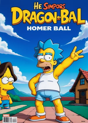 ((Masterpiece in maximum 16K resolution, with the anime style emphasizing a dynamic 3D perspective, combining the cartoon style of The Simpsons and the art style of Dragon Ball)). | Homer Simpson is featured on a Dragon Ball anime magazine cover, wearing Goku's iconic costume. He is transformed into a Super Saiyan, with blue hair and a bright blue aura around him. His face retains the classic Simpsons look, but with a determined and intense expression, as he assumes a powerful pose. The backdrop includes white clouds and a clear blue sky in the background, with rays of light coming out of Homer's aura. Three-dimensional composition with a foreground angle, highlighting Homer's transformation and pose. Cinematic lighting and elements such as sparkles, soft lighting, smoothness and particles add dynamism to the scene. The cover has the Dragon Ball anime logo changed to the text "Dragon Homer". | Dragon Ball anime magazine cover with Homer Simpson transformed into Super Saiyan. The camera is positioned very close to him, revealing his entire body as he assumes a dynamic pose, interacting with and leaning against a structure in the scene in an exciting way. | (((He takes a dynamic pose as he interacts, boldly leaning on a structure, leaning back in an exciting way.))), (((((full-body image))))), ((perfect pose, perfect anatomy, perfect body)), ((better hands, perfect fingers, perfect legs, perfect hands)), (((perfect composition, perfect design, perfect layout, correct imperfections))), ((Add more detail, More Detail, Enhance))