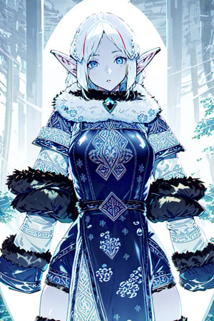 ((top-quality, 8K, masterpiece:1.3)),, Beautiful crystal blue eyes, white  shining hair, long elvish braid,  Elf Maiden, winter night image, snowflakes, Mature, huge stunning goddess shot, the extremely hot and sexy, powerful and huge, jaw dropping beauty, goddess of Japan, very Bigger breasts, Big ass, (thigh visible), in the snow, Beautiful woman with perfect body shape:1.4, Slender Abs:1.1, Highly detailed facial and skin texture, A detailed eye, (looking at from the front), Look at the camera, ((1girl in, perfectly proportions, Beautiful body, Detailed skin, Detailed eyes:1.5)), ((perfectly proportions, Beautiful body, showing your whole body:1.5)), ((wearing a white-blue leather tunic fur trim, intricate clothing, waistband, fur collar, animal fur clothing, fur trim gloves with patterns:1.5)), ((beautiful young Elf lady with white hair flirts:1.5)), ((Everything is sparkling, reflecting light, blue sky, valley, mountains, trees:1.2)),  (Best Ratio: 4 fingers, 1 thumb), Snowing, (From knee to chest:1.5),  (portrait),midjourney,oda non , xxmix_girl,