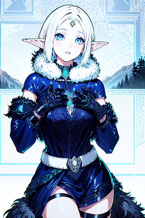 ((top-quality, 8K, masterpiece:1.3)),, Beautiful crystal blue eyes, white  shining hair, long elvish braid,  Elf Maiden, winter night image, snowflakes, Mature, huge stunning goddess shot, the extremely hot and sexy, powerful and huge, jaw dropping beauty, goddess of Japan, very Bigger breasts, Big ass, (thigh visible), in the snow, Beautiful woman with perfect body shape:1.4, Slender Abs:1.1, Highly detailed facial and skin texture, A detailed eye, (looking at from the front), Look at the camera, ((1girl in, perfectly proportions, Beautiful body, Detailed skin, Detailed eyes:1.5)), ((perfectly proportions, Beautiful body, showing your whole body:1.5)), ((wearing a white-blue leather tunic fur trim, intricate clothing, waistband, fur collar, animal fur clothing, fur trim gloves with patterns:1.5)), ((beautiful young Elf lady with white hair flirts:1.5)), ((Everything is sparkling, reflecting light, blue sky, valley, mountains, trees:1.2)),  (Best Ratio: 4 fingers, 1 thumb), Snowing, (From knee to chest:1.5),  (portrait),midjourney,oda non , xxmix_girl,