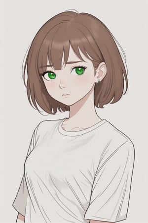 1 girl, alone, looking at viewer, short hair, bangs, simple background, brown hair, shirt, white background, closed mouth, green eyes, white shirt, upper body, earrings