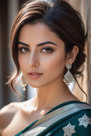 a breathtakingly beautiful woman from Lebanon, wearing cotton saree, Trendsetter wolf cut hair, perfect symmetric eyes, natural skin texture, hyperrealism, soft light, sharp, 8k hdr, dslr, high contrast, cinematic lighting, high quality, film grain, Fujifilm XT3 