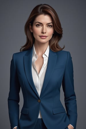 create a hyper realistic vertical photo of Indian most attractive woman in her 40s, ight brown hair, trending on artstation, portrait, digital art, modern, sleek, highly detailed, formal, determined, blue business suit, 36D ,  fairy tone, fair skin, anne hathway
