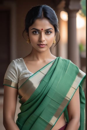 a breathtakingly beautiful woman from American, wearing cotton saree, Trendsetter wolf cut hair, perfect symmetric eyes, natural skin texture, hyperrealism, soft light, sharp, 8k hdr, dslr, high contrast, cinematic lighting, high quality, film grain, Fujifilm XT3 