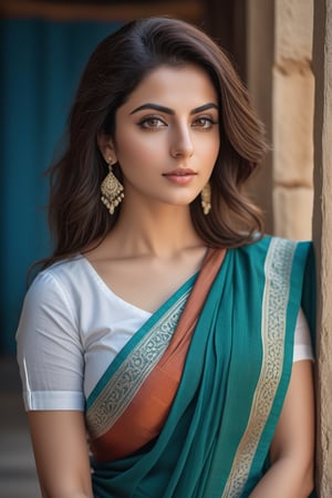 a breathtakingly beautiful woman from Lebanon, wearing cotton saree, Trendsetter wolf cut hair, perfect symmetric eyes, natural skin texture, hyperrealism, soft light, sharp, 8k hdr, dslr, high contrast, cinematic lighting, high quality, film grain, Fujifilm XT3 