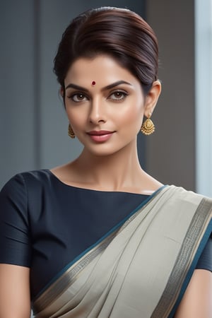create a hyper realistic vertical photo of Indian most attractive woman in her 50s, Trendsetter wolf cut hair, trending on artstation, portrait, digital art, modern, sleek, highly detailed, formal, determined, wearing cotton saree, in luxurious office, 36D , fairy tone, fair skin, flirty gaze, anne hathway