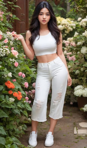 A realistic and detailed portrayal of a lovely girl, her long black hair cascading down her shoulders, wearing a fitted pair of jeans, a simple but stylish top, and comfortable white sneakers. She is standing in a well-lit room with a plain background, allowing the focus to be solely on her natural beauty and the intricacies of her clothing.