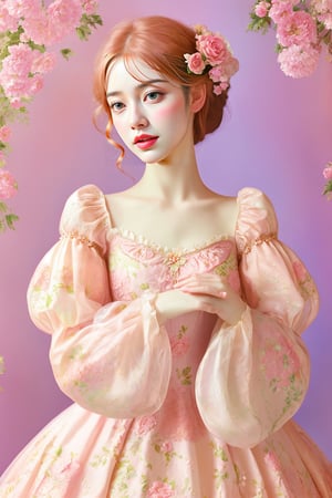 Create an image inspired by the fusion of two artistic styles: Realistic & detailed and Art Nouveau. Depict a young woman, dressed in a delicate floral dress with long, puffy sleeves, featuring a pastel color palette and intricate floral patterns. Exuding sweet and charming vibes, the gentle pose of the woman, with her head tilted and hands at her waist, emphasizes her fresh and youthful appearance. The realistic and detailed rendering of the woman's features, body language, and clothing, beautifully harmony with the fluid curves, edgy lines, and organic shapes symbolic of Art Nouveau, creating a unique and dreamy portrait.,Perfect lips