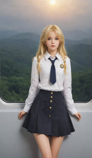 Create a masterpiece, of the highest quality and extreme detail, capturing the essence of Kirisame Marisa, a blonde-haired, yellow-eyed schoolgirl. She stands on a train, dressed in her uniform, with several buttons undone, gazing out the window at the passing scenery. Apply a realistic and detailed artistic style to bring her personality and the scene to life.