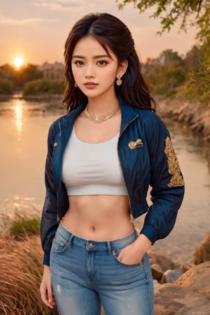 A solitary girl with long black hair, dressed in a simple white shirt, stands before you, her piercing gaze fixed on your gaze. Her hair cascades down her back in luscious waves, reflecting the sunlight in shimmering strands. She wears a blue jacket, cinched tight at the waist, revealing the waistband of her cropped pants and the top of her sneakers. Her black hair frames her navel, which peeks out from under the edge of her crop top. A faint shadow cast by the sun at her feet highlights the details of her shoes. She looks directly into the camera, her piercing expression and slightly parted lips adding an air of mystery. The rich, realistic details of her skin, clothing, and environment immerse you in the scene, inviting you to explore the depth of her personality.