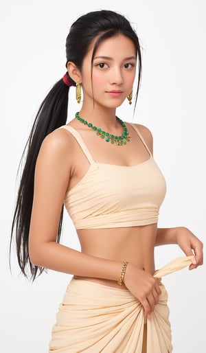 1girl, solo, long hair, indian_attire, saree, simple background, hair, black hair, white background, jewelry, ponytail, earrings, midriff, necklace
