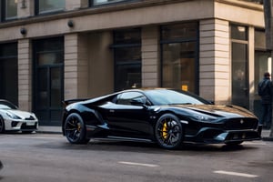 hyper cars, in the city, black paint, morning, (masterpiece, best quality, highly detailed) 