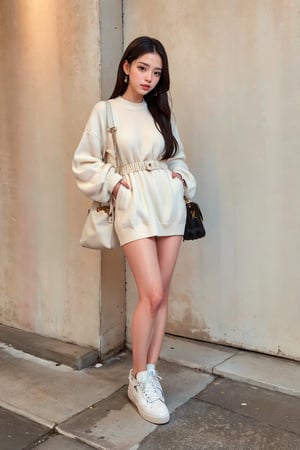 1girl, solo, long hair, black hair, dress, standing, full body, shoes, bag,louis vuitton bag, white footwear, sneakers, photo background,Perfect lips