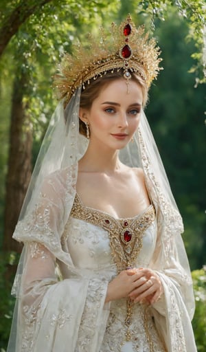 A stunning Russian bride adorned in intricate traditional costumes for her wedding ceremony. The elaborate designs on her dress and headpiece,made from precious materials such as velvet, silk, and gold threads, reflect the rich history and culture of Russia. Capture her bright and radiant smile as she exchanges heartfelt vows with her beloved partner, surrounded by the lush greenery and vibrant colors of a Russian garden in the summertime. (Artistic styles: Realistic & Detailed, Nick Knight, Tim Burton)