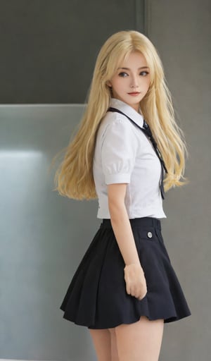 Create a masterpiece, of the highest quality and extreme detail, capturing the essence of Kirisame Marisa, a blonde-haired, long hair, black hair, yellow-eyed schoolgirl. She stands on a train, dressed in her uniform, with several buttons undone, gazing out the window at the passing scenery. Apply a realistic and detailed artistic style to bring her personality and the scene to life.