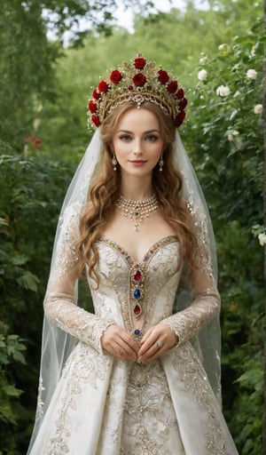 A stunning Russian bride adorned in intricate traditional costumes for her wedding ceremony. The elaborate designs on her dress and headpiece,made from precious materials such as velvet, silk, and gold threads, reflect the rich history and culture of Russia. Capture her bright and radiant smile as she exchanges heartfelt vows with her beloved partner, surrounded by the lush greenery and vibrant colors of a Russian garden in the summertime. (Artistic styles: Realistic & Detailed, Nick Knight, Tim Burton)