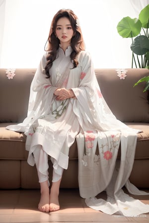 1girl, solo, wearing indian traditional dress, pink white dress, ((floral design kurti, plajo, white dupatta in hand)), long hair, brown hair, black hair, sitting, couch, realistic