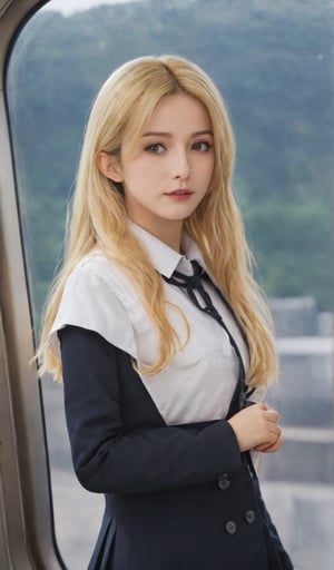 Create a masterpiece, of the highest quality and extreme detail, capturing the essence of Kirisame Marisa, a blonde-haired, long hair, black hair, yellow-eyed schoolgirl. She stands on a train, dressed in her uniform, with several buttons undone, gazing out the window at the passing scenery. Apply a realistic and detailed artistic style to bring her personality and the scene to life.