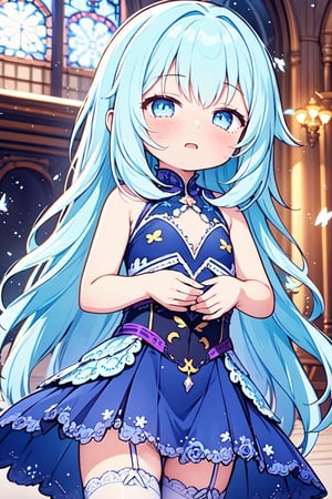 Masterpiece, best quality, extremely detailed, (illustration, official art: 1.1), (((((1 girl))))), ((light blue long hair))), light blue hair, 10 years old, ((blush)), cute face, big eyes, tareme, masterpiece, best quality, ((a very delicate and beautiful girl)))), , girl,amazing, beautiful detailed eyes, blunt bangs (((little delicate girl)))), tareme (true beautiful: 1.2),, and sweet,(Composition looking up from a low position)、,1girl,, , (official art、best quality、Unity 8k wallpaper、32k、​Masterpiece、Super detailed、ultra high resolution、realistic、Realism、very funny:1.2)、 (masterpiece, best quality), 1girl, ice shards, hands crystal ice, ice blade, blue magic circle, blue corset, black thighhighs, sidelighting, light particles, abstract,、(Chis、in the house、Stained glass of art、Large pipe organ、Hello、mystery、A lot of feathers floating、angelic、light particles、serious、Sunshine is、Colorful、fantastic:1.2)、(fantastic:1.3)、、fantastic、smile smile ,Church background,Purple roses,, butterfly style, iris, Liuli, Polychromexistic prism effect, ,