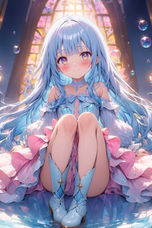 masterpiece, best quality, extremely detailed, (illustration, official art:1.1), 1 girl ,(((( light blue long hair)))), ,(((( light blue long hair)))),light blue hair, ,10 years old, long hair ((blush)) , cute face, big eyes, masterpiece, best quality,(((((a very delicate and beautiful girl))))),Amazing,beautiful detailed eyes,blunt bangs((((little delicate girl)))),tareme(true beautiful:1.2), sense of depth,dynamic angle,,,, affectionate smile, (true beautiful:1.2),,(tiny 1girl model:1.2),)(flat chest)),(((masterpiece, best quality, 8k resolution, sharp focus,(Masterpiece), (Best quality), (1 girl)), Amazing, Beautiful detail eyes,masterpiece, best quality, 8k resolution, sharp focus, intricate detail, beautiful girl, sparkling eyes, golden ratio face, otherworldly liquid, watercolor, pastel colors, bright colors, whimsical, colorful, sharp focus, high resolution, fine detail, ((layered tiered puffy long sleeves ballgown)), ((round eyes)), iridescent bubbles, fantasia background,full body,、full body,foot、foot fetish、boots focus,Anime 
