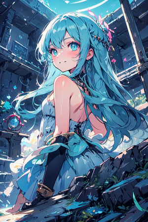 masterpiece, best quality, extremely detailed, (illustration, official art:1.1), 1 girl ,(((( light blue long hair)))), light blue hair, ,10 years old, long hair ((blush)) , cute face, big eyes, masterpiece, best quality,(((((a very delicate and beautiful girl))))),Amazing,beautiful detailed eyes,blunt bangs((((little delicate girl)))),tareme(true beautiful:1.2), sense of depth,dynamic angle,affectionate smile, (true beautiful:1.2),,(tiny 1girl model:1.2),(flat chest)), 
Soft Focus , (Masterpiece, top quality, super detailed CG, ultra detailed beautiful face and eyes,super detailed, intricate details:1.2), 8k wallpapers, elaborate features,
(1 person, solo:1.4)perfect cartoon illustration,(1 person, solo:1.4)
(realistic textures:0.8), high res, cute, (vivid colors, dynamic lighting:1.0), (high contrast:0.8),
A girl (in her teens) with a mysterious atmosphere overlooking the lowlands from the top of a steep cliff, very pretty face, long glossy blue hair, clear sky-blue eyes, clear skin, slender arms and legs (both barefoot), wearing only a white dress that reaches down to her calves, surrounded by blue phosphorescence. Blue phosphorescence surrounds her, ruins spread far and wide in front of her, the place is a fantastic and vast urban ruin, the time is night and the area is dark, but stars and a big moon are shining brightly in the sky, back view, so that her whole body is included in the illustration.,Human bones,prison,,Brilliant and colorful paintings、Grasp the great sword with 、Holding the Great Sword、（church、HighestQuali,astonishing detail：1.25）,,Brilliant and colorful paintings,Wielding the legendary sword、(((+++Black mist clinging to the body))))],Most Beautiful Form of Chaos、,holding a sword,glowing sword
