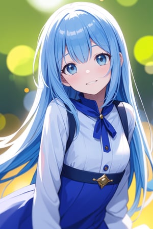 ((masterpiece, best quality, extremely detailed, absurdres)),(masterpiece, best quality, extremely detailed, absurdres)), masterpiece, best quality, extremely detailed,  ((light blue long hair)),  cute anime faces,detailed light,parted lips,shiny、beautiful detailed face,,half smile, looking at viewer,jewelry,lips,beautiful, expressive face, 1girl, solo, flat chest, blush, bangs, loli, super fine illustration, 8k wallpaper, (photo background:1.3), beautiful, (vivid:1.4), colorful lighting, breathtaking beauty, breathtaking art, (anime style:1.3), reflection, incredible art, perfect light reflection, 
head tilt, grin, petite facial features, delicate face, dainty facial structure, dutch angle, (dazzling light:1.1), clarity of light and dark BREAK ((bokeh photography:1.3), soft focus, out-of-focus highlights, dreamy ambiance, glowing circles, mesmerizing depth:1.1) BREAK (miniature effect, selective focus, blurred edges, small-scale illusion, playful perspective:1.1)):1.2, white winter dress
