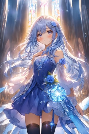 Masterpiece, best quality, extremely detailed, (illustration, official art: 1.1), (((((1 girl))))), ((light blue long hair))), light blue hair, 10 years old, ((blush)), cute face, big eyes, tareme, masterpiece, best quality, ((a very delicate and beautiful girl,flat chest,)))), , girl,amazing, beautiful detailed eyes, blunt bangs (((little delicate girl)))), tareme (true beautiful: 1.2),, and sweet,(Composition looking up from a low position)、,1girl,, , (official art、best quality、Unity 8k wallpaper、32k、​Masterpiece、Super detailed、ultra high resolution、realistic、Realism、very funny:1.2)、 (masterpiece, best quality), 1girl, ice shards, hands crystal ice, ice blade, blue magic circle, blue corset, black thighhighs, sidelighting, light particles, abstract,、(Chis、in the house、Stained glass of art、Large pipe organ、Hello、mystery、A lot of feathers floating、angelic、light particles、serious、Sunshine is、Colorful、fantastic:1.2)、(fantastic:1.3)、、fantastic、smile smile ,Church background,Purple roses,, butterfly style, iris, Liuli, Polychromexistic prism effect, ,incredibly absurdres
