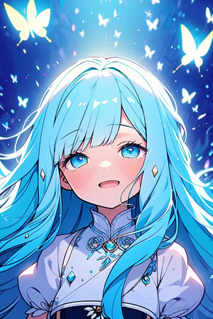 Masterpiece, best quality, extremely detailed, (illustration, official art: 1.1), (((((1 girl))))), ((light blue long hair))), light blue hair, 10 years old, ((blush)), cute face, big eyes, tareme, masterpiece, best quality, ((a very delicate and beautiful girl)))), , girl,amazing, beautiful detailed eyes, blunt bangs (((little delicate girl)))), tareme (true beautiful: 1.2),, and sweet,(Composition looking up from a low position)、,1girl,, , (official art、best quality、Unity 8k wallpaper、32k、​Masterpiece、Super detailed、ultra high resolution、realistic、Realism、very funny:1.2)、 (masterpiece, best quality), 1girl, ice shards, hands crystal ice, ice blade, blue magic circle, blue corset, black thighhighs, sidelighting, light particles, abstract,、(Chis、in the house、Stained glass of art、Large pipe organ、Hello、mystery、A lot of feathers floating、angelic、light particles、serious、Sunshine is、Colorful、fantastic:1.2)、(fantastic:1.3)、、fantastic、smile smile ,Church background,Purple roses,, butterfly style, iris, Liuli, Polychromexistic prism effect, ,incredibly absurdres,portrait,breakdomain