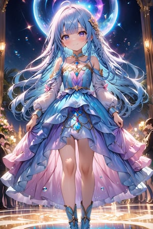 masterpiece, best quality, extremely detailed, (illustration, official art:1.1), 1 girl ,(((( light blue long hair)))), ,(((( light blue long hair)))),light blue hair, ,10 years old, long hair ((blush)) , cute face, big eyes, masterpiece, best quality,(((((a very delicate and beautiful girl))))),Amazing,beautiful detailed eyes,blunt bangs((((little delicate girl)))),tareme(true beautiful:1.2), sense of depth,dynamic angle,,,, affectionate smile, (true beautiful:1.2),,(tiny 1girl model:1.2),)(flat chest)),(((masterpiece, best quality, 8k resolution, sharp focus,(Masterpiece), (Best quality), (1 girl)), Amazing, Beautiful detail eyes,masterpiece, best quality, 8k resolution, sharp focus, intricate detail, beautiful girl, sparkling eyes, golden ratio face, otherworldly liquid, watercolor, pastel colors, bright colors, whimsical, colorful, sharp focus, high resolution, fine detail, ((layered tiered puffy long sleeves ballgown)), ((round eyes)), iridescent bubbles, fantasia background,full body,、full body,foot、foot fetish、boots focus,Anime 