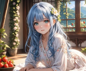 Masterpiece, best quality, extremely detailed, (illustration, official art: 1.1), 1 girl, ((light blue hair))), long hair, 10 years old, ((blush)), cute face, big eyes, masterpiece, best quality, ((a very delicate and beautiful girl)))), amazing, beautiful detailed eyes, blunt bangs (((little delicate girl)))), tareme (true beautiful: 1.2), a chair, flower pots, inside in room, The tree, ivy, Skysky,blur, lying on her stomach looking at a photo of her boyfriend, in tender white pajamas and print strawberries, scenery of tender girl, emerald eyes, （best qualtiy,8k,32k,tmasterpiece,hyper HD：1.2）,Beautiful Japanese woman,Stunning gesture,Delicate and soft light,Just the right exposure,Delicate and detailed skin,Smooth hair,Gentle and feminine demeanor,Elegant and charming expression,Excellent photographic composition,Show women
