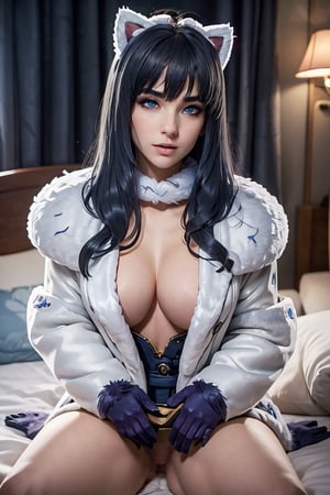 (best quality, ultra-high-detailed), 1girl, sex, (on bed in hotel, fur cat ears, white full lenght fur coat, gloves, fur collar, blue-violet hair, loose hair, long hair, blue eyes, makeup, perfect breasts, voloptuous, beautiful face, beautiful eyes),18+,sexy, Masterpiece, More Detail, dynamic pose,Sexy Pose
