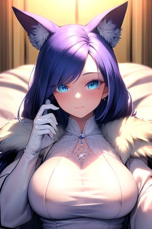 (best quality, ultra-high-detailed), 1girl, (Darling, on bed in luxury bedroom, fur cat ears, white full lenght fur coat, gloves, fur collar, blue-violet hair, loose hair, long hair, blue eyes, makeup, perfect breasts, voloptuous, beautiful face, beautiful eyes),18+,sexy, Masterpiece, More Detail, dynamic pose, 