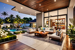 (best quality, masterpiece, high_resolution:1.5),Ultra-realistic 8k, hd image quality, sharp detail, 2-story modern house, main materials: white walls, wooden ceiling accents, large glass windows, roads, cars, sidewalks, American Palm trees high, has a small alley, located in a residential area, modern style, shimmering sky, sunset light, feels peaceful, beautiful, close and warm, ((Warm light from indoor:1.3)), (daylight:1.2), perfect lighting,dynamic light,2 large glass doors,((1 large glass window:1.3)), (night light), (colorful flowers in front of the house). Night light from lamps and moon.,Thai style roof,Wonder of Art and Beauty,Chinese Style,Korean Style,garden,housearch_Industrial,interior,archminimalist,3d style,Modern