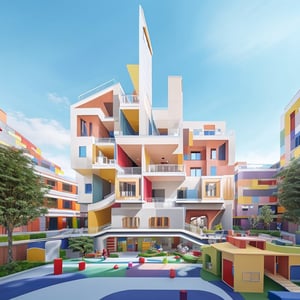nursery school,kindergarten,(masterpiece),(high quality), best quality, real,(realistic), super detailed, (full detail),(4k),8k,architecture,building,day,sky