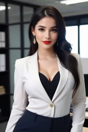 beautiful girl, wearing suit, deep neck, cleavage, sexy red lips, beautiful eyes, jawline, earrings, black long hair, office, black eyes, full body, realistic, looking at camera, armpit, cute smile,