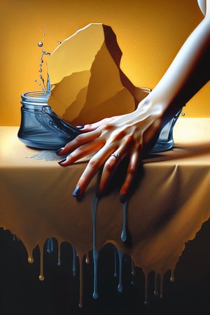 beksinskiart, a painting of a female hand on the table,
traditional media, water, no humans, solo, border