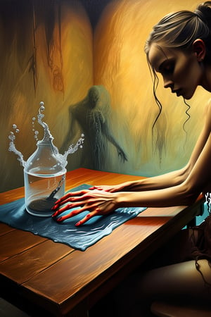beksinskiart, a painting of a female hand on the table,
traditional media, water, no humans, solo, border,femalebonedemon