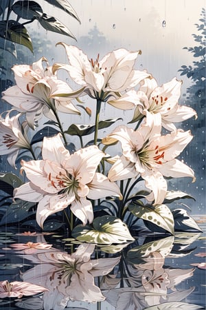 //quality, (masterpiece:1.4), (detailed), ((,best quality,)),//(heavy raining:1.3),(flowers:1.4),flower focus,lily_(flower),leaf,plant,reflection,spring,Sepals,Petals