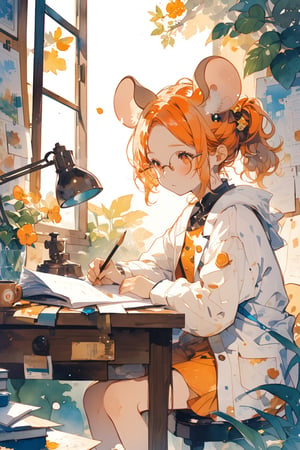 //quality, (masterpiece:1.331), (detailed), ((,best quality,)),//,(1girl),solo,(loli),watercolor_(art),//,(mouse_ears:1.3),(orange_hair:1.3),hairstyle, ((short ponytail)),sidelocks, (light orange eyes), detailed eyes,flat_chest,//,hair_accessories,accessories,(round eyewear:1.2),scientist,white lab coat,//,serious,//,sitting,writing,(coffee),//indoor,window,school scenery, leaf, desk, papers,aesthetic,watercolor \(medium\),
