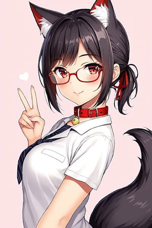 //quality, (masterpiece:1.4), (detailed), ((,best quality,)),//,1girl,solo,Tekeli,black fox ears,animal ear fluff,black fox tail,black hair,red inner hair,short ponytail,sidelocks,red eyes,red_glasses,fashion,cat_collar,blush,looking_at_viewer,from_side,(,v,v-sign:1.4)