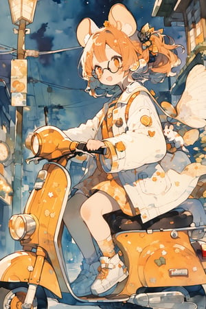 //quality, (masterpiece:1.331), (detailed), ((,best quality,)),//,(1girl),solo,(loli),//,(mouse_ears:1.3),mouse_tail,(orange_hair:1.3),hairstyle, ((short ponytail)),sidelocks, (orange_eyes), detailed eyes,flat_chest,//,hair_accessories,accessories,(round glasses:1.3),scientist,white lab coat,//,smile,//, riding on a scooter,//outdoor, (night:1.3),aesthetic,watercolor \(medium\)