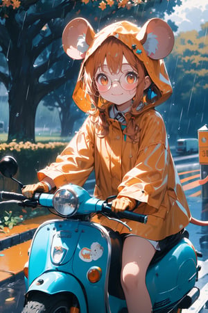 //quality, (masterpiece:1.331), (detailed), ((,best quality,)),//,(1girl),solo,(loli),cute,,//,(mouse_ears:1.3),mouse_tail,(orange_hair:1.3),hairstyle,((short ponytail)),sidelocks, (orange_eyes), detailed eyes,//,hair_accessories,accessories,(round glasses:1.3),(hood_up:1.2),(raincoat:1.4),gloves,wet,//,blush,(closed_mouth,smile:1.2),//,(riding on orange_scooter:1.4), //outdoor,(heavy raining:1.3),cloudy,road,scenery,(flowers:1.4),trees,leaf,plant,(,cowboy_shot:1.4),depth of field,